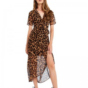 Ζεστό πωλούν κυρία μόδα λεοπάρδαλη τυλίξτε το μακρύ φόρεμα